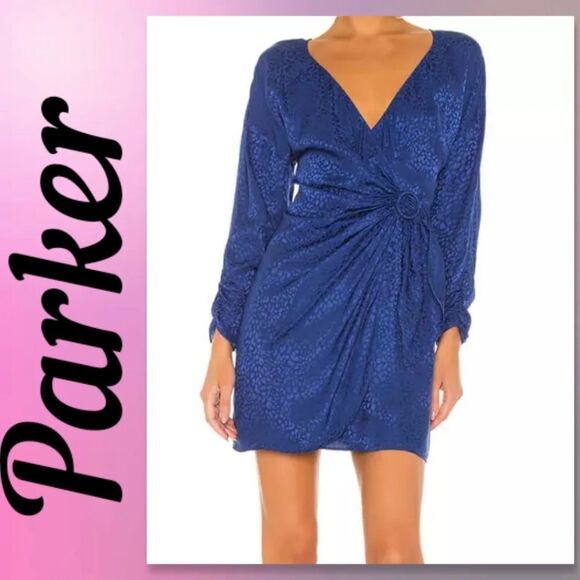 NWT PARKER LINDA LONG SLEEVE SATIN JACQUARD WRAP DRESS ULTRAMARINE - Picture 1 of 13